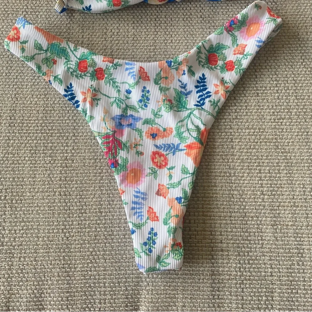 Floral Ribbed Bikini Top & Bottom Set - White with Multicolor Floral Print